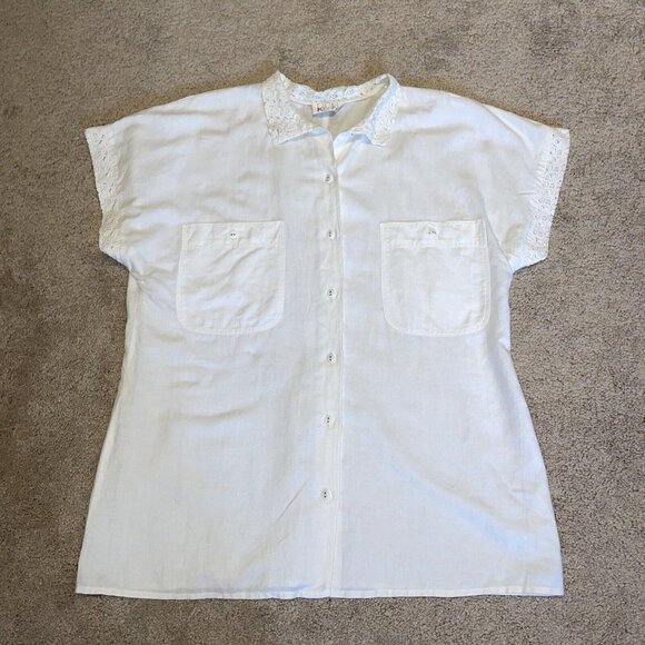 Otto Kern Women's Linen/Cotton Button Front Blouse Sz M Crochet Trim Cottagecore - Picture 8 of 11